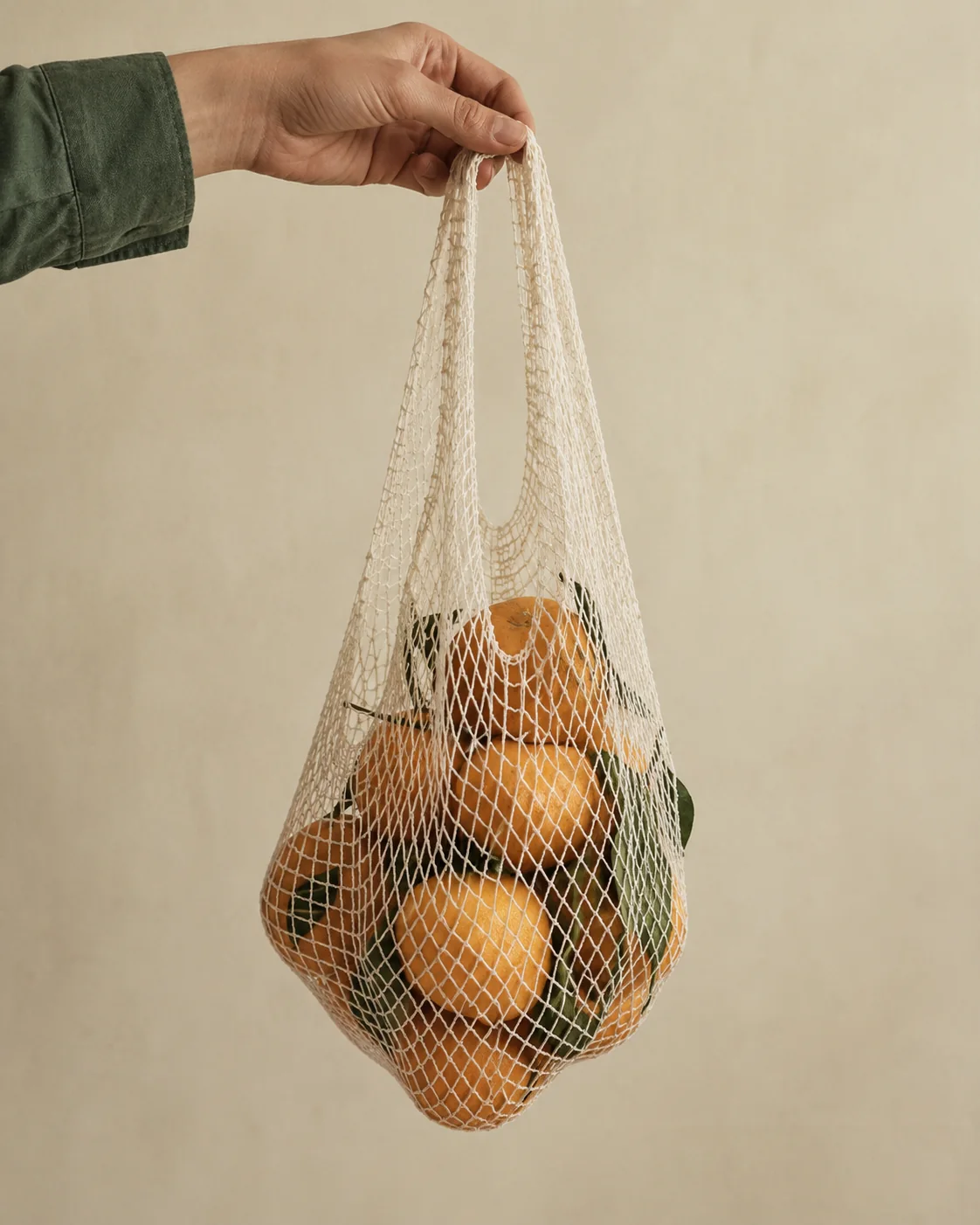 Imagen ilustrativa de una mano sosteniendo cítricos en una malla; no acredita especificaciones de producto